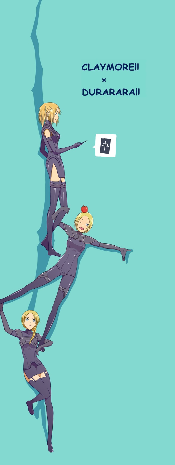 balancing, blonde_hair, bodysuit, boots, braid, claymore, durarara!!, food