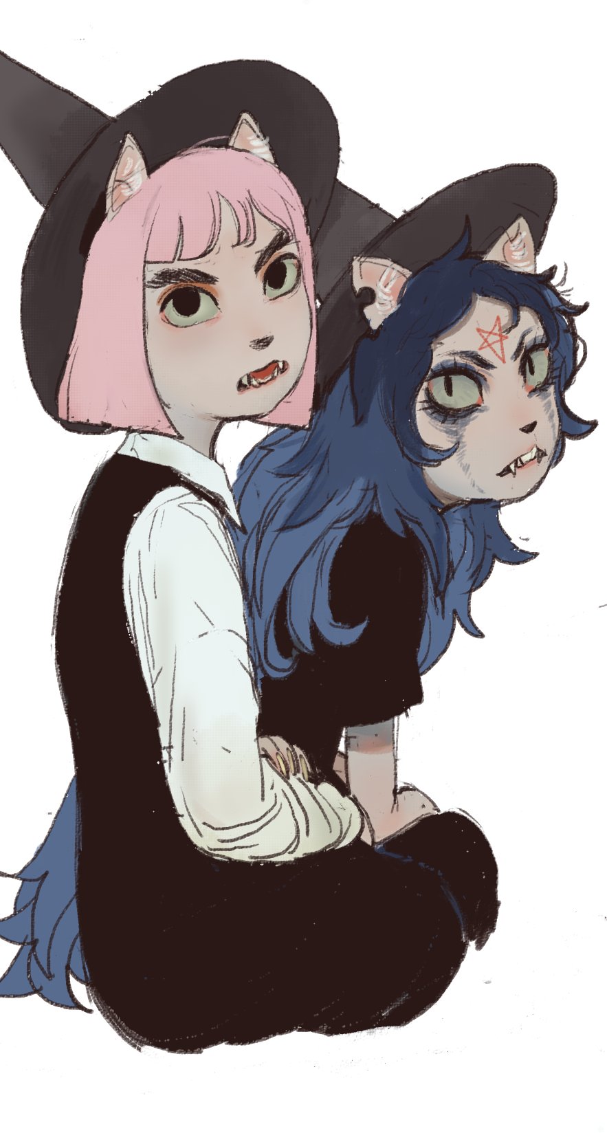 2girls, animal_ears, black_dress, black_eyes, blue_hair, bob_cut, character_request, claire_d'lune
