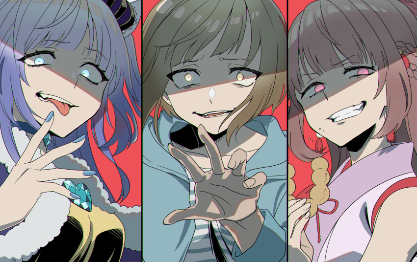 3girls, bangs, blue_eyes, blue_hair, blue_hoodie, blunt_bangs, brown_hair, collarbone, crossover, etra-chan_wa_mita!, etra_(etra-chan_wa_mita!), evil_smile, eyebrows_visible_through_hair, fingernails, highres, hood, hoodie, indie_virtual_youtuber, long_sleeves, looking_at_viewer, multiple_girls, nekomi_mashiro, nyako_(lhq3p), pink_eyes, red_background, red_ribbon, ribbon, shiny, shiny_hair, shirt, simple_background, sleeveless, sleeveless_shirt, smile, striped, striped_shirt, teeth, tongue, tongue_out, tsutsuji_(etra-chan_wa_mita!), upper_body, yellow_eyes