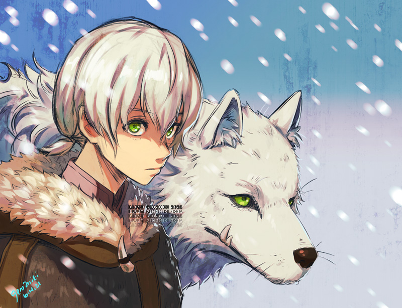 1boy, animal, brown_coat, coat, falling_snow, fangs, fumetsu_no_anata_e, fur_collar