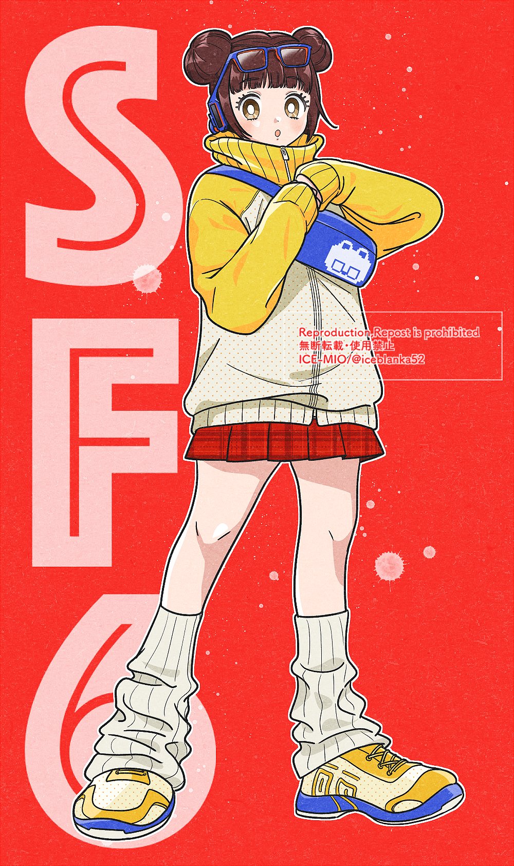 1girl, bangs, behind-the-head_headphones, blue-framed_eyewear, blunt_bangs, brown_eyes, brown_hair, double_bun