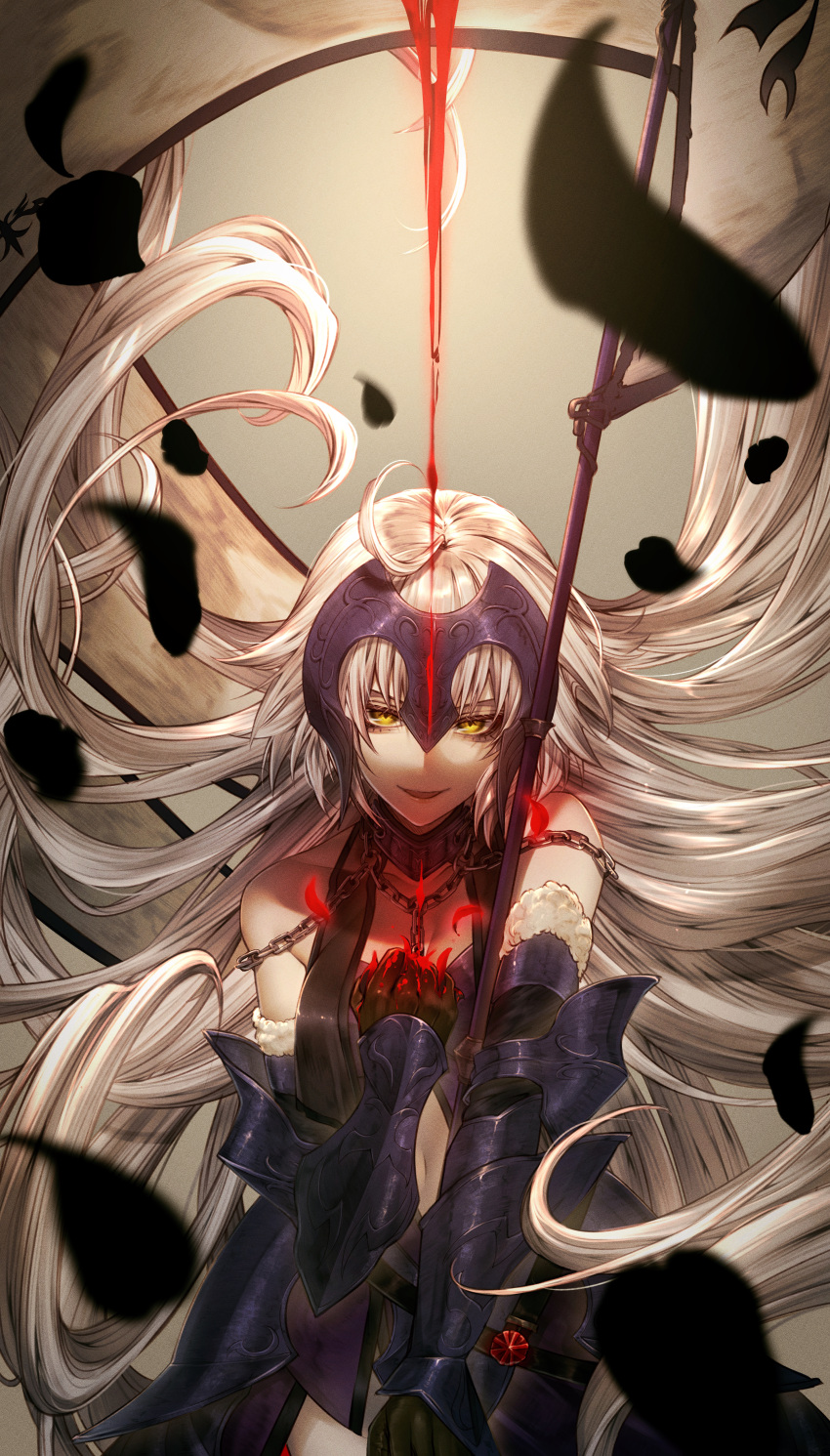 1girl, absurdres, ahoge, armor, bare_shoulders, black_gloves, blonde_hair, blood, blood_on_hands, breasts, chain, clenched_hand, clothing_cutout, elbow_gloves, fate/grand_order, fate_(series), fur_trim, gauntlets, gloves, headpiece, highres, jeanne_d'arc_alter_(avenger)_(fate), jeanne_d'arc_alter_(avenger)_(third_ascension)_(fate), jeanne_d'arc_alter_(fate), kokollet, long_hair, looking_at_viewer, navel, navel_cutout, parted_lips, solo, upper_body, very_long_hair, weapon, yellow_eyes