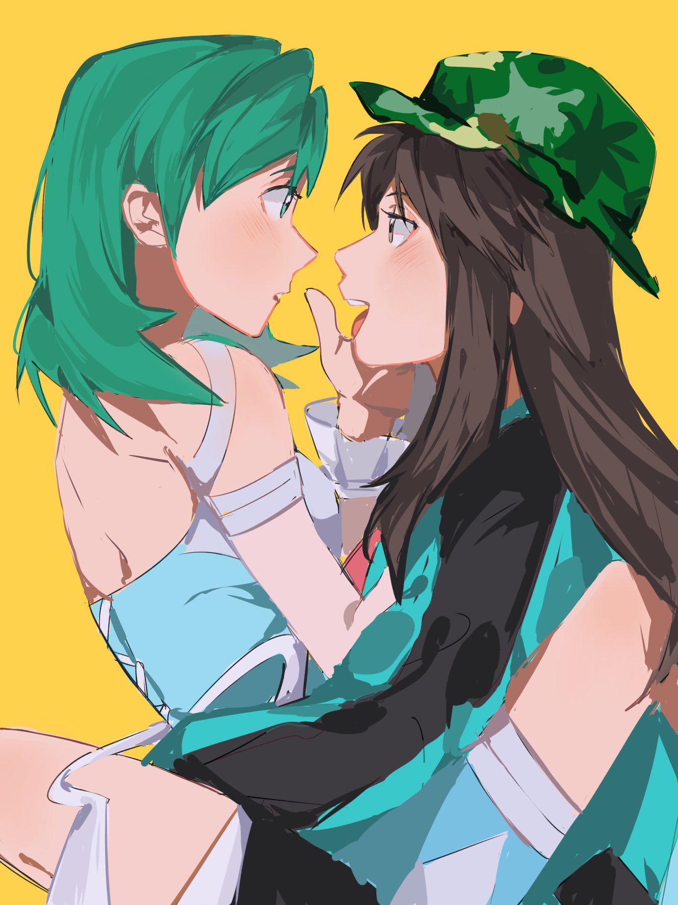 2girls, aqua_dress, aqua_eyes, aqua_hair, bare_back, bare_shoulders, blush, breasts