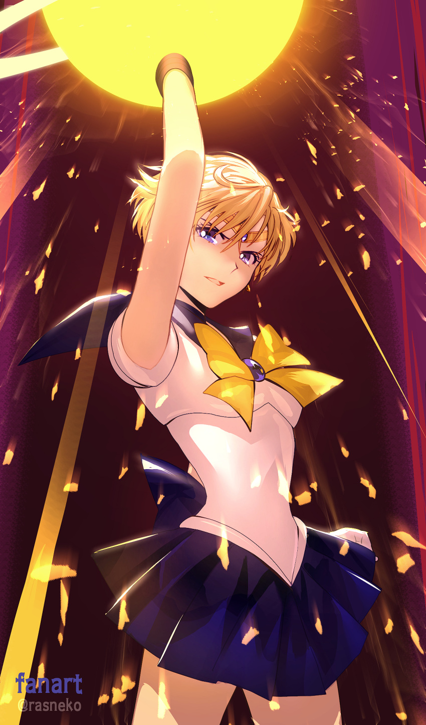 1girl, arm_up, bishoujo_senshi_sailor_moon, blonde_hair, blue_eyes, blue_skirt, circlet, earrings