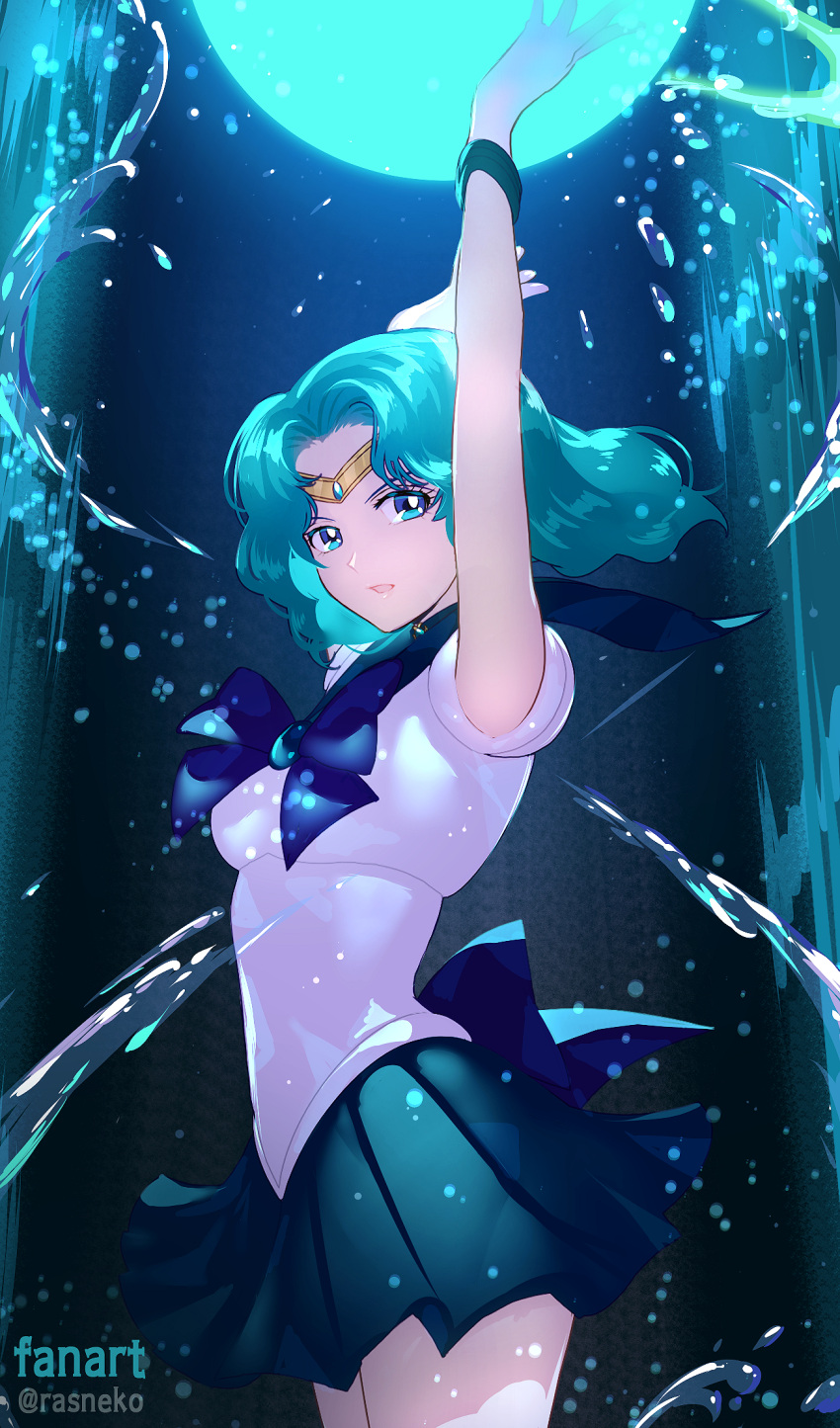 1girl, aqua_eyes, aqua_hair, armpits, arms_up, bishoujo_senshi_sailor_moon, blue_bow, blue_skirt
