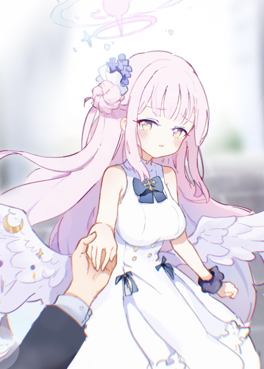 1girl, angel_wings, artist_request, bare_shoulders, blue_archive, blue_bow, bow, crescent