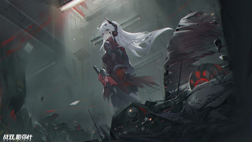 1girl, blood, debris, from_below, highres, light, long_hair, looking_back