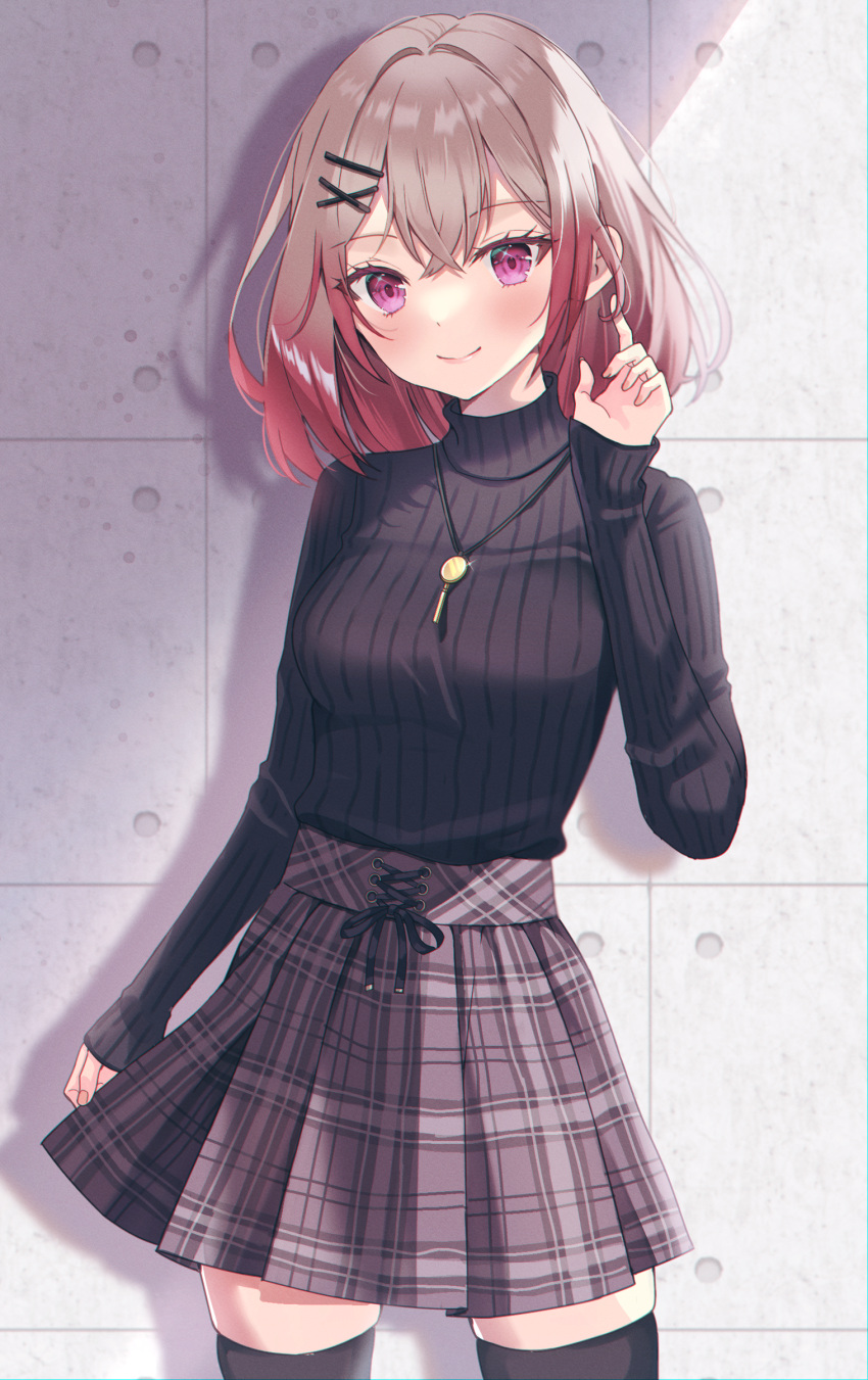 1girl, absurdres, against_wall, bangs, black_legwear, black_sweater, blush, brown_hair, character_request, closed_mouth, cowboy_shot, cyberlive, eyebrows_visible_through_hair, gradient_hair, grey_skirt, hair_between_eyes, hair_ornament, hair_twirling, hairclip, highres, jewelry, long_hair, long_sleeves, looking_at_viewer, miniskirt, multicolored_hair, pendant, plaid, plaid_skirt, pleated_skirt, red_eyes, redhead, ribbed_sweater, shiny, shiny_hair, skindentation, skirt, skirt_hold, smile, solo, sparkle, standing, su2525, sweater, thigh-highs, virtual_youtuber, x_hair_ornament, zettai_ryouiki
