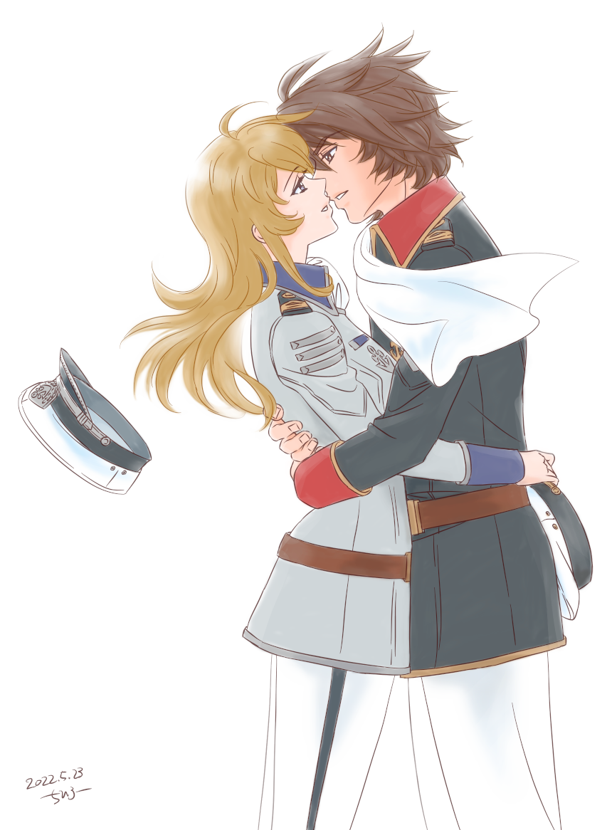 1boy, 1girl, 2022, black_jacket, blonde_hair, brown_eyes, brown_hair, chihiroo2202, couple, dated, eye_contact, floating_hair, from_side, grey_jacket, hat, hetero, holding, holding_clothes, holding_hat, imminent_kiss, jacket, kodai_susumu, long_hair, long_sleeves, looking_at_another, military, military_uniform, mori_yuki, pants, short_hair, simple_background, straight_hair, uchuu_senkan_yamato, uchuu_senkan_yamato_2199, uniform, white_background, white_headwear, white_pants
