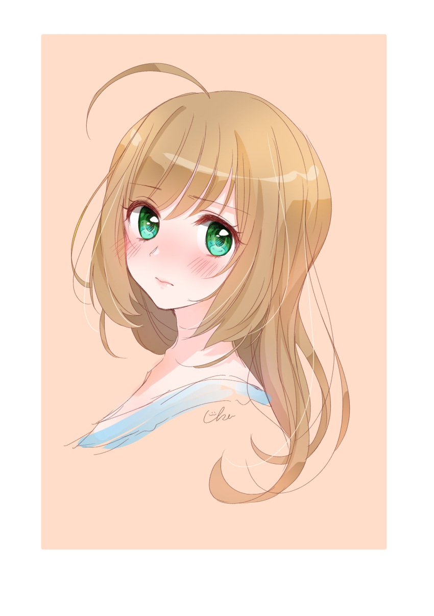1girl, ahoge, blending, blonde_hair, blush, cropped_torso, expressionless, eyebrows_visible_through_hair