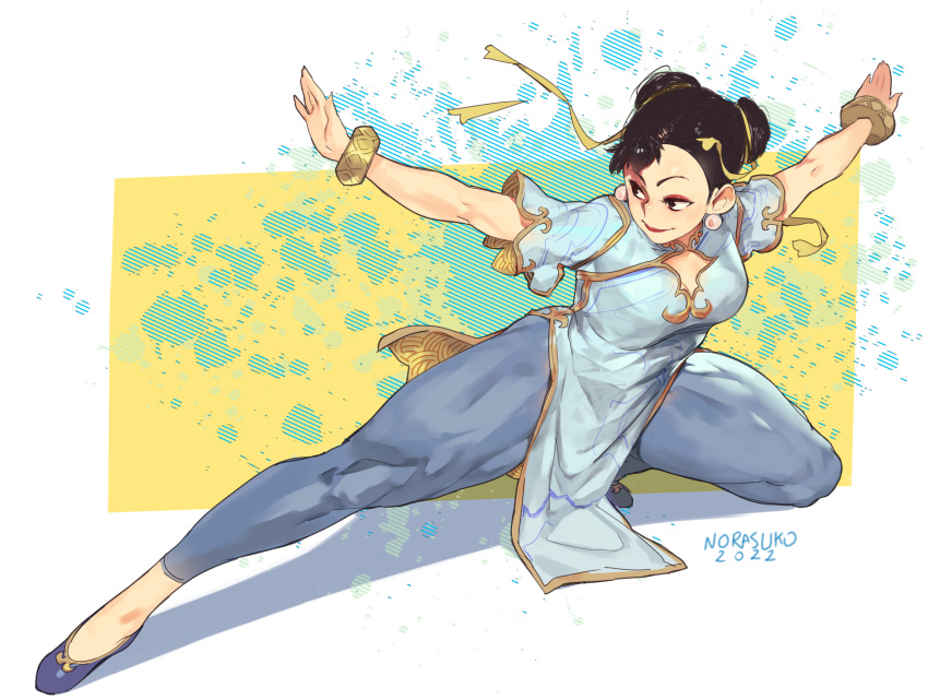 1girl, black_hair, blue_footwear, blue_pants, bracelet, chest_cutout, chinese_clothes, chun-li