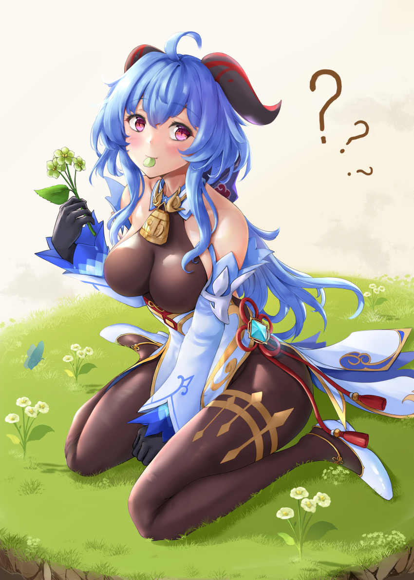 1girl, ?, absurdres, ahoge, bangs, bare_shoulders, bell, black_gloves