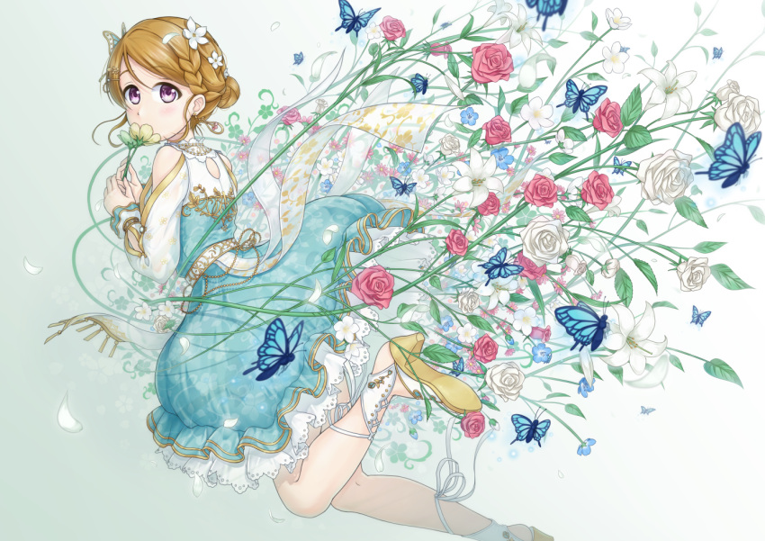1girl, arm_cutout, back_cutout, bangs, bare_shoulders, belt, blue_butterfly, blush