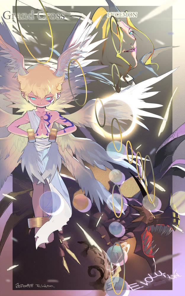 2boys, angel_wings, arm_tattoo, artist_name, bangs, blonde_hair, blue_eyes, bracelet