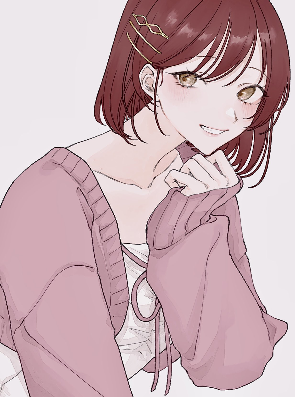 1girl, blush, collarbone, crop_top, dress, grin, hair_ornament, hairpin, highres, idolmaster, idolmaster_shiny_colors, jacket, looking_at_viewer, ne_mu_ko05, osaki_amana, pink_sweater, red_eyes, short_hair, simple_background, sleeves_past_wrists, smile, solo, sweater, sweater_jacket, upper_body, white_background, white_dress, yellow_eyes