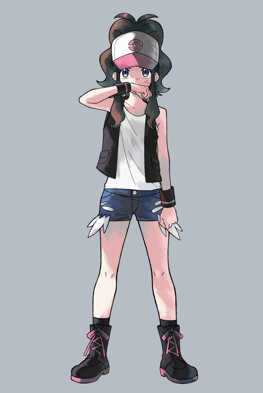 1girl, antenna_hair, black_footwear, black_legwear, black_vest, black_wristband, blue_shorts, boots