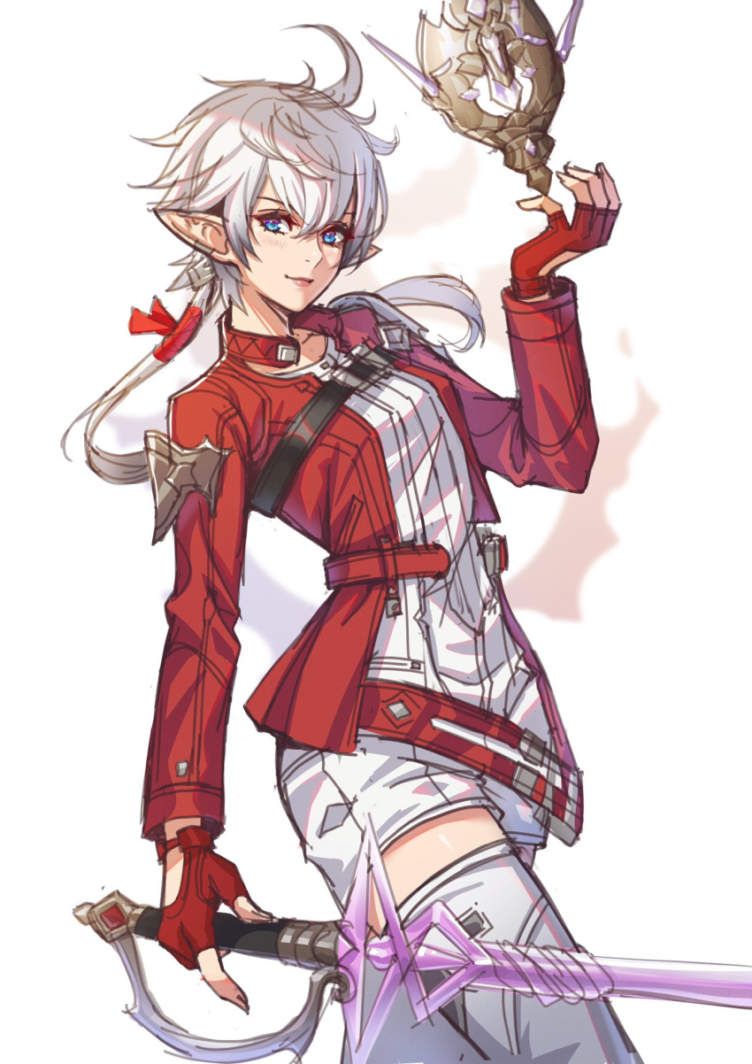 1girl, alisaie_leveilleur, blue_eyes, breasts, chest_strap, elezen, elf, final_fantasy, final_fantasy_xiv, fingerless_gloves, gloves, hair_between_eyes, hair_ribbon, hand_up, highres, holding, holding_sword, holding_weapon, jacket, long_hair, long_sleeves, low_ponytail, lukrevadraws, medium_breasts, pointy_ears, red_gloves, red_jacket, ribbon, shirt, shorts, solo, sword, thigh-highs, upper_body, weapon, white_background, white_hair, white_shirt, white_shorts