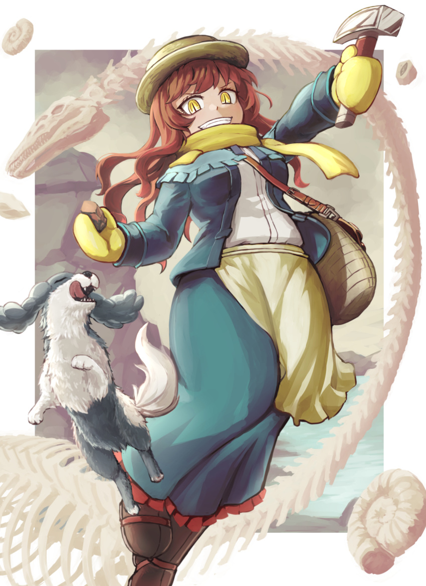 1girl, bag, brown_hair, dog, eidenjyou1997, fate/grand_order, fate_(series), fossil