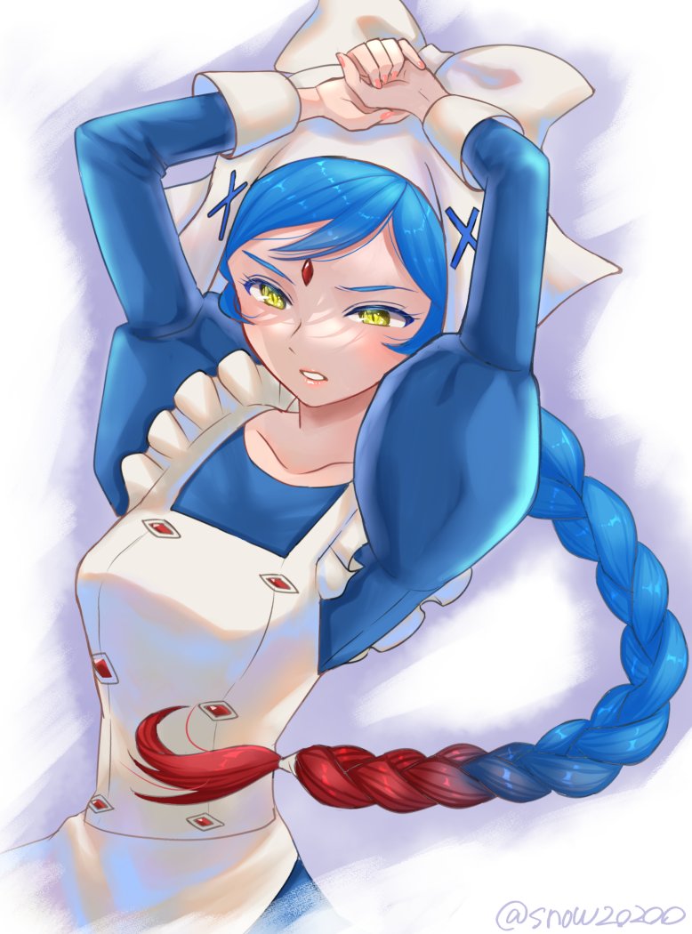 1girl, apron, arms_up, bangs, blue_hair, braid, braided_ponytail, breasts