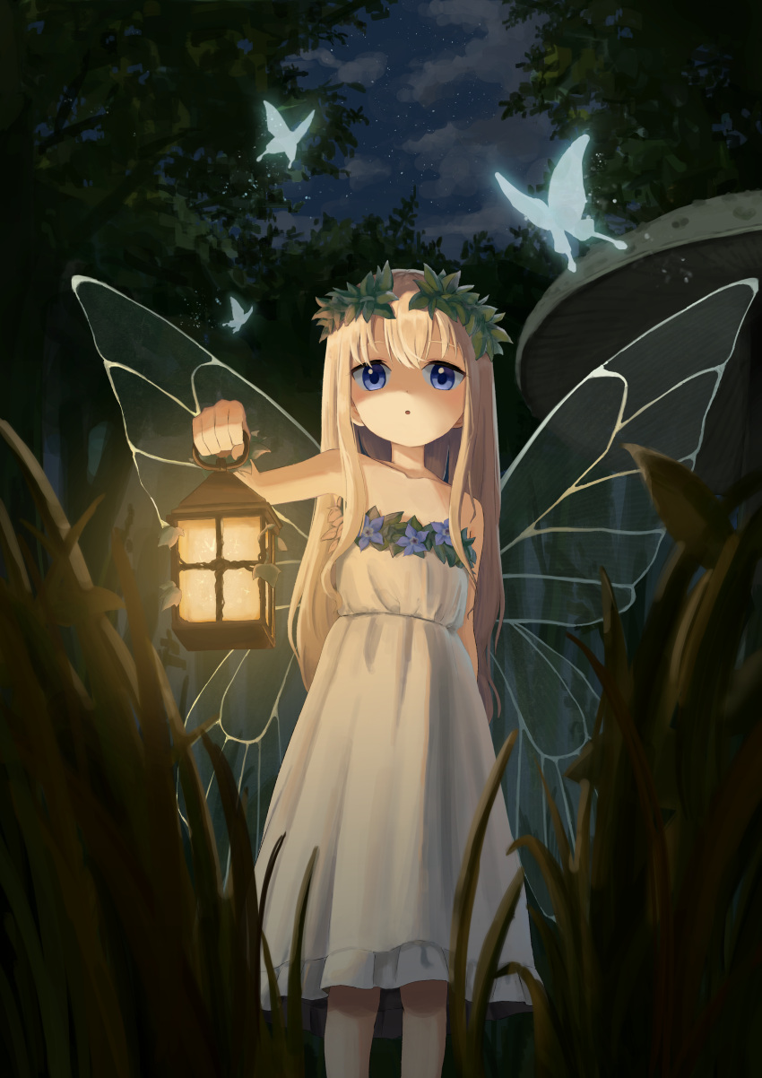 1girl, :o, absurdres, bare_shoulders, blonde_hair, blue_eyes, bug, butterfly
