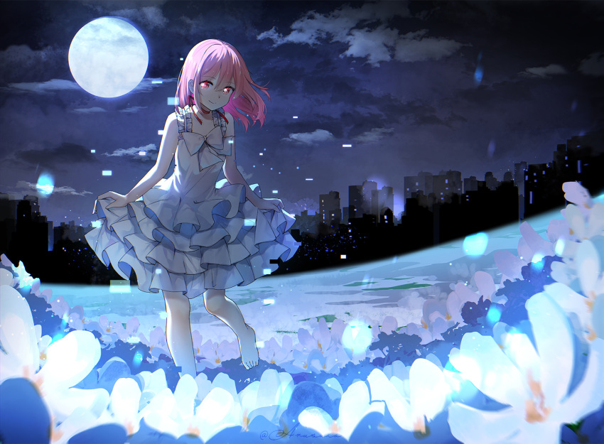 1girl, arms_at_sides, arusuko, backlighting, bare_arms, bare_legs, barefoot, bent_over