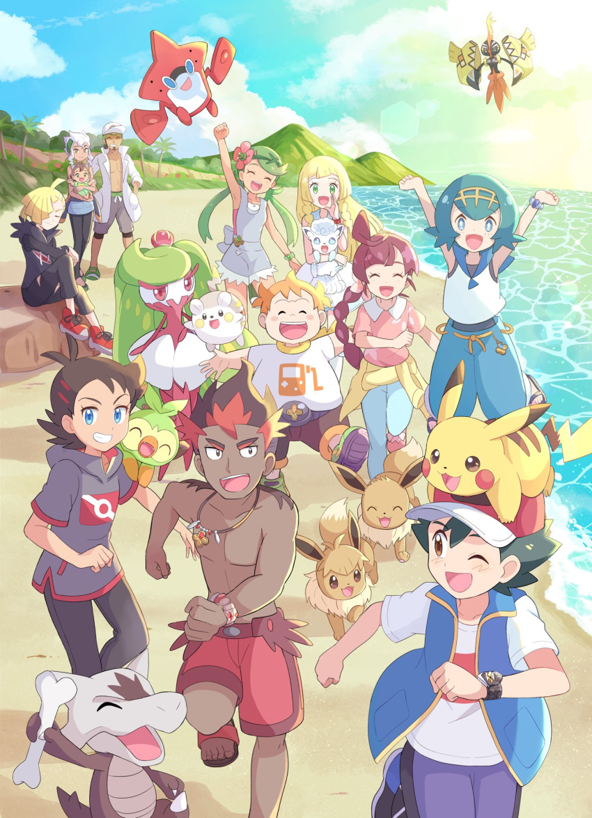 5girls, 6+boys, :d, ;d, ahoge, alolan_marowak, alolan_vulpix, antenna_hair