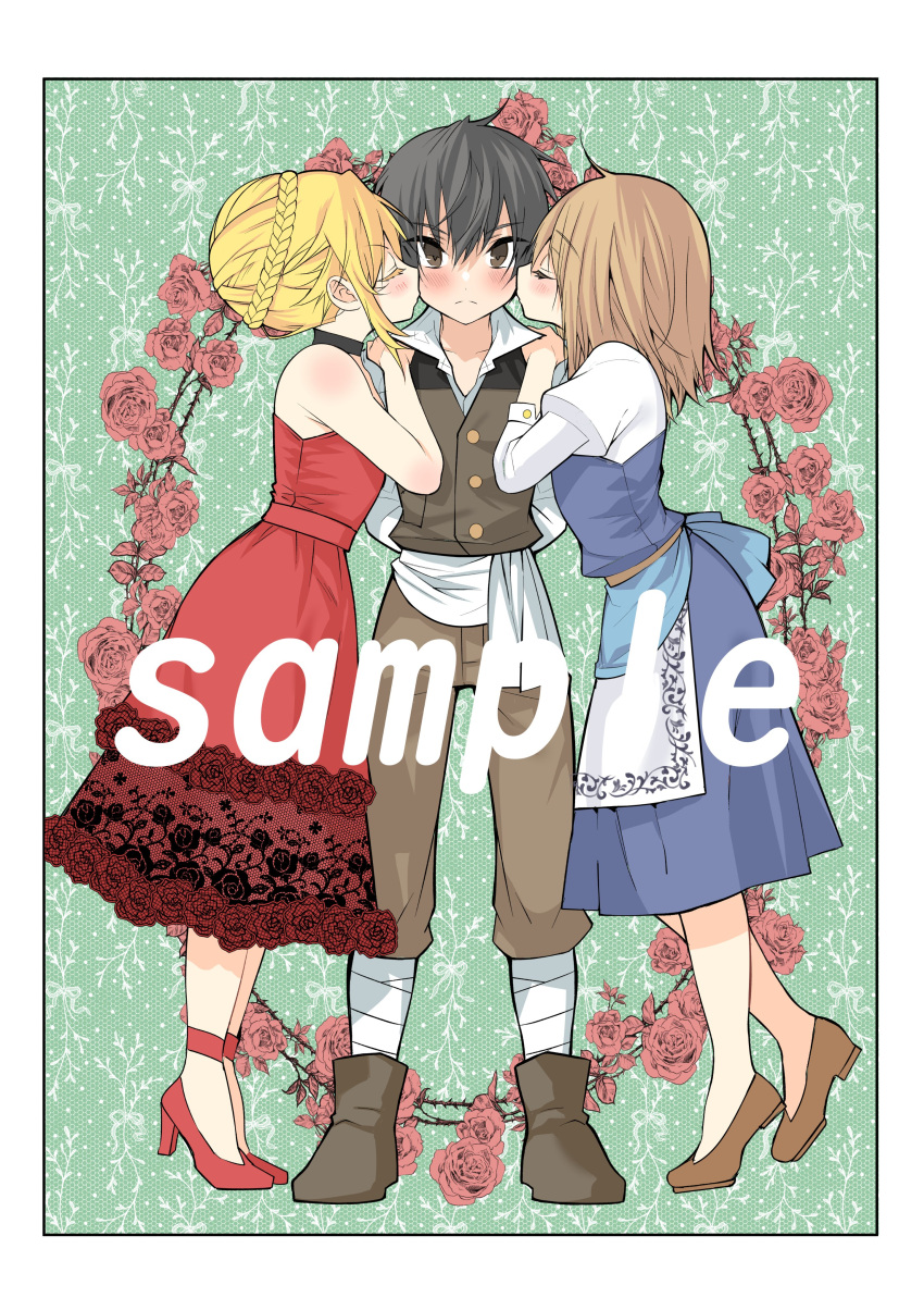 absurdres, angelica_rafa_redgrave, bare_shoulders, black_choker, blonde_hair, blue_dress, braid, brown_footwear