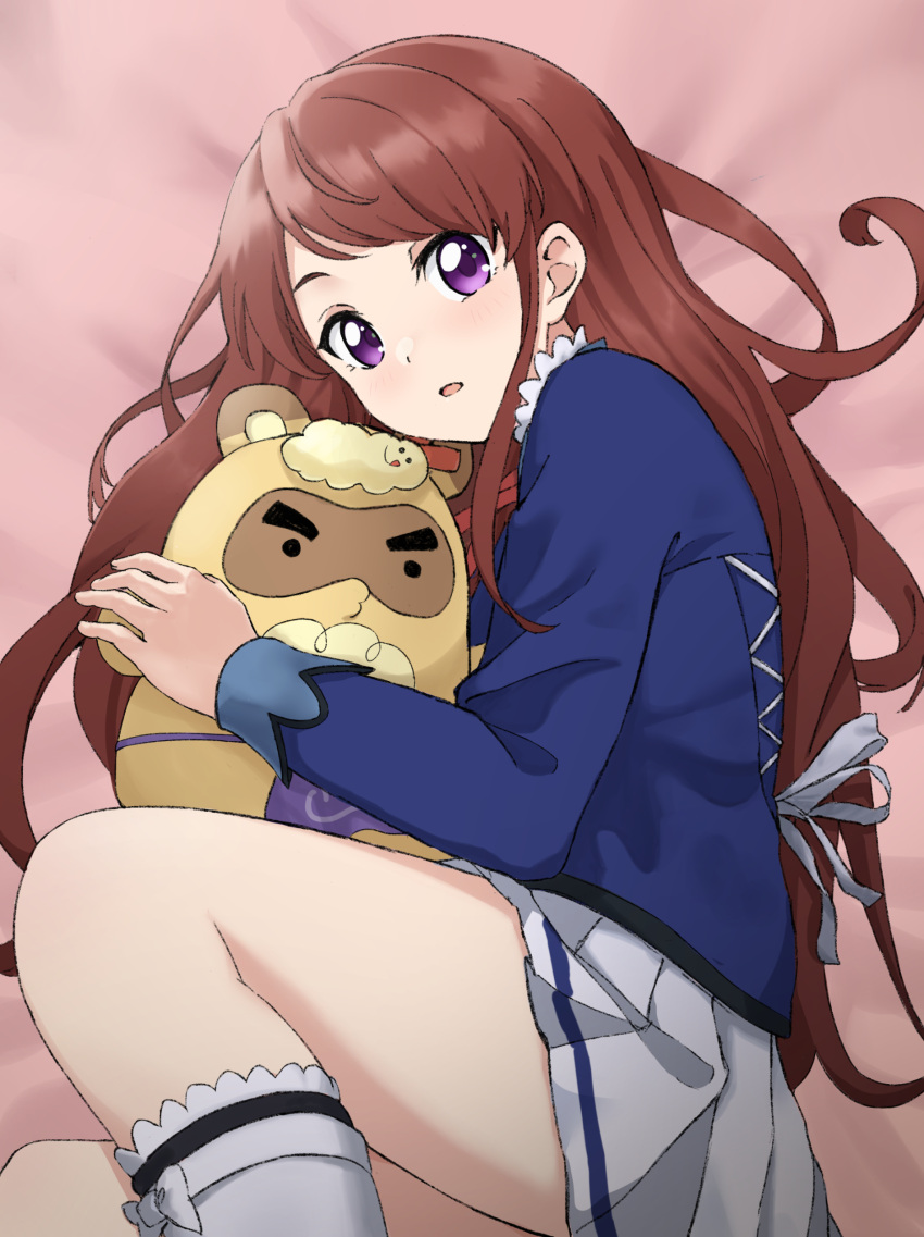 absurdres, aikatsu!, aikatsu!_(series), bed, blush, brown_hair, clothes_lift, ebipon