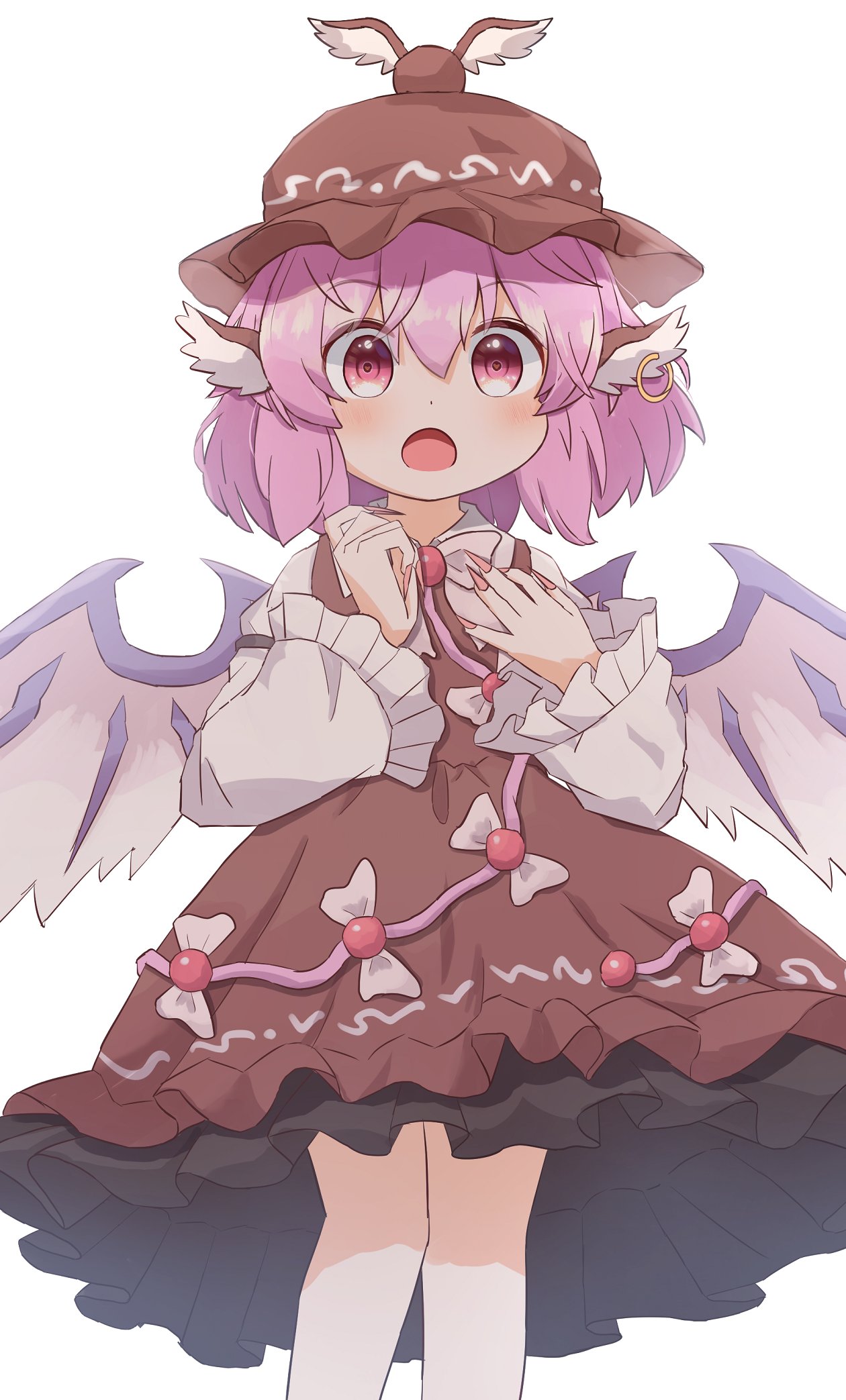 1girl, animal_ears, bird_ears, bird_wings, blush, brown_dress, brown_headwear, coruthi