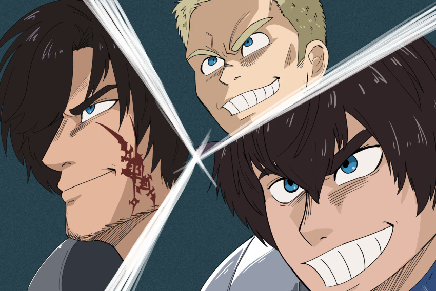 3boys, absurdres, adventurer_(ff14), armor, blonde_hair, blue_eyes, brown_hair, clive_rosfield
