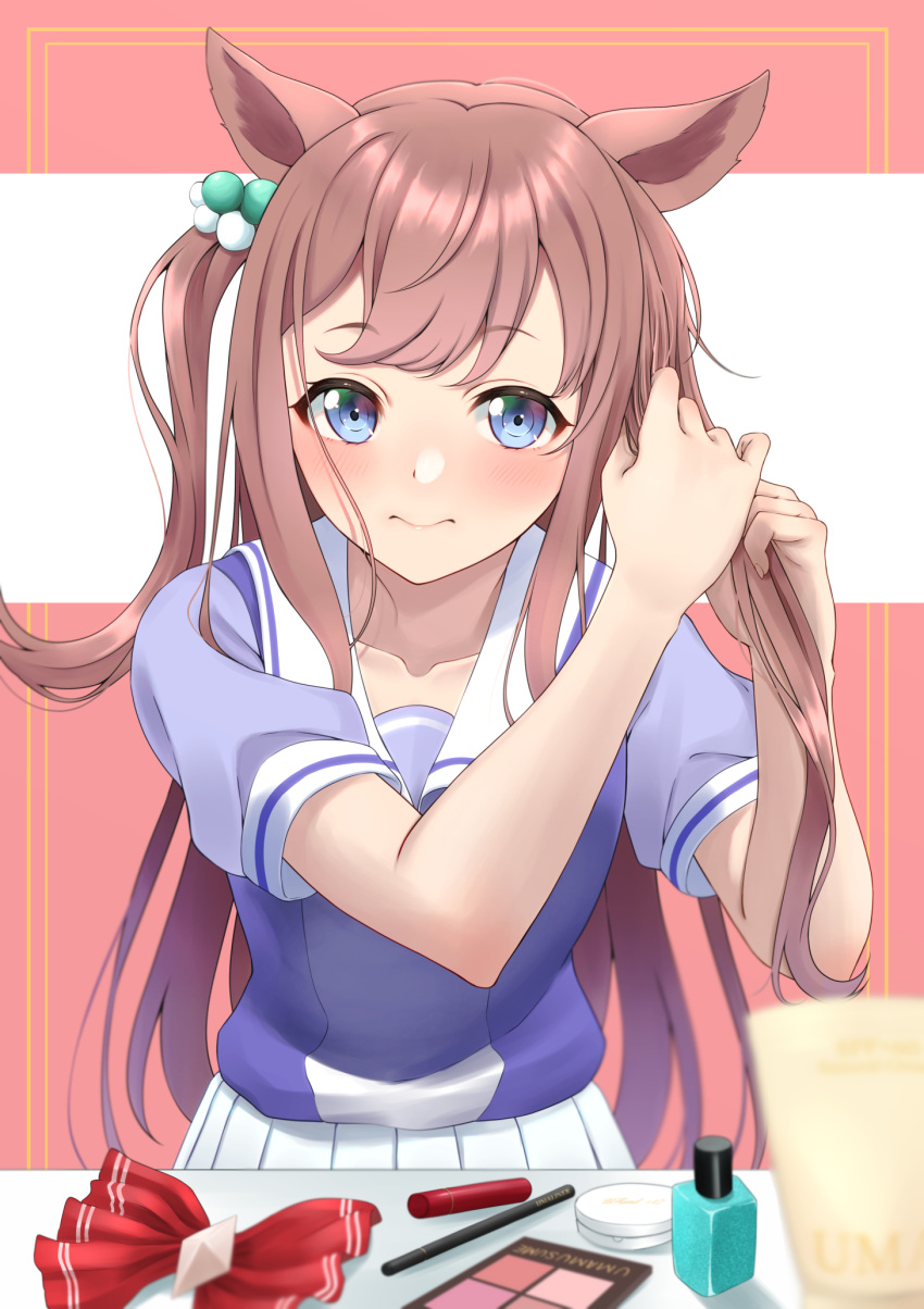 1girl, adjusting_hair, agnes_digital_(umamusume), animal_ears, blue_eyes, blush, closed_mouth, commentary_request
