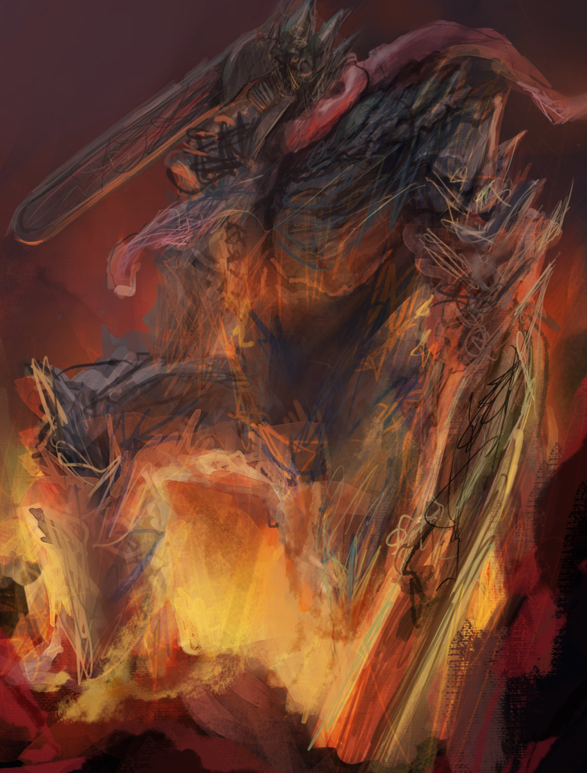 1boy, chainsaw_devil, chainsaw_man, facing_to_the_side, fire, full_body, highres, horns