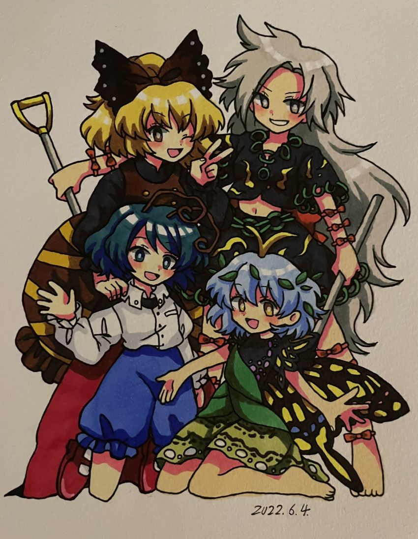 4girls, antennae, aqua_hair, bad_anatomy, bad_hands, barefoot, black_bow, black_cape