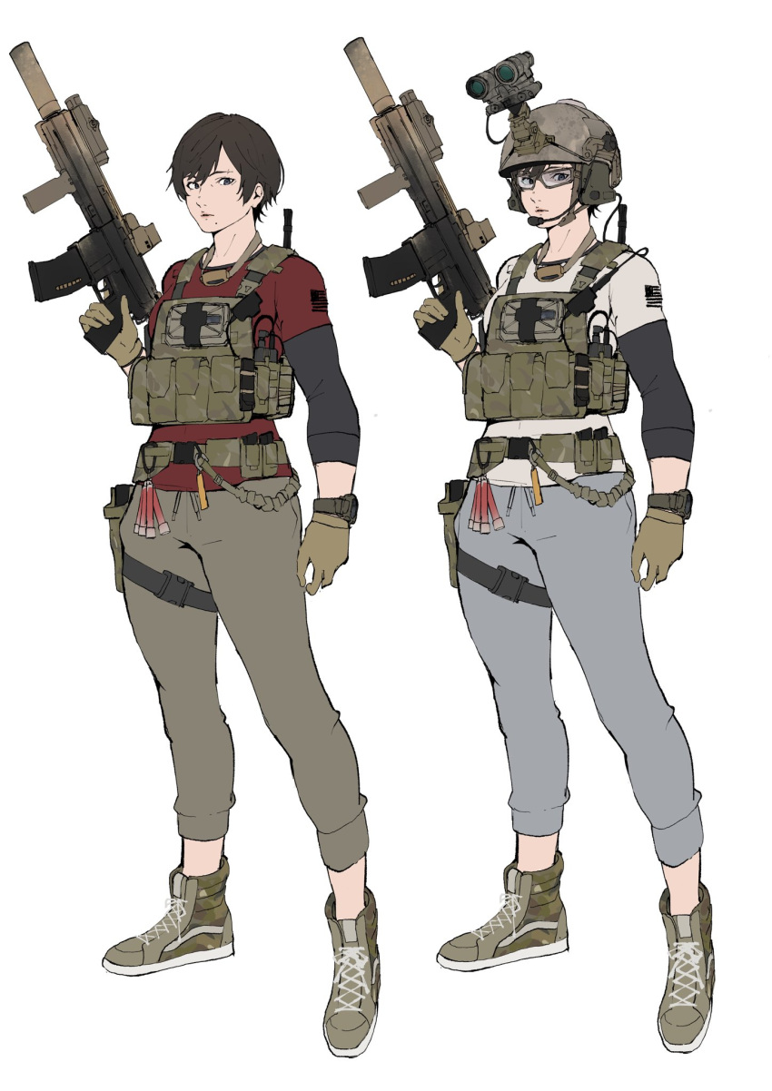 1girl, american_flag, ammunition_belt, ar-15, assault_rifle, bulletproof_vest, character_sheet, glasses