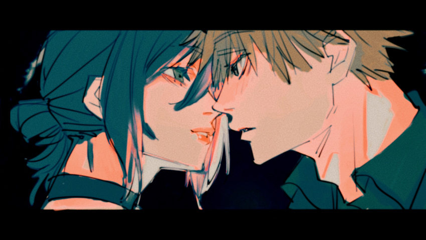 1boy, 1girl, absurdres, bangs, black_background, black_choker, black_hair, blonde_hair