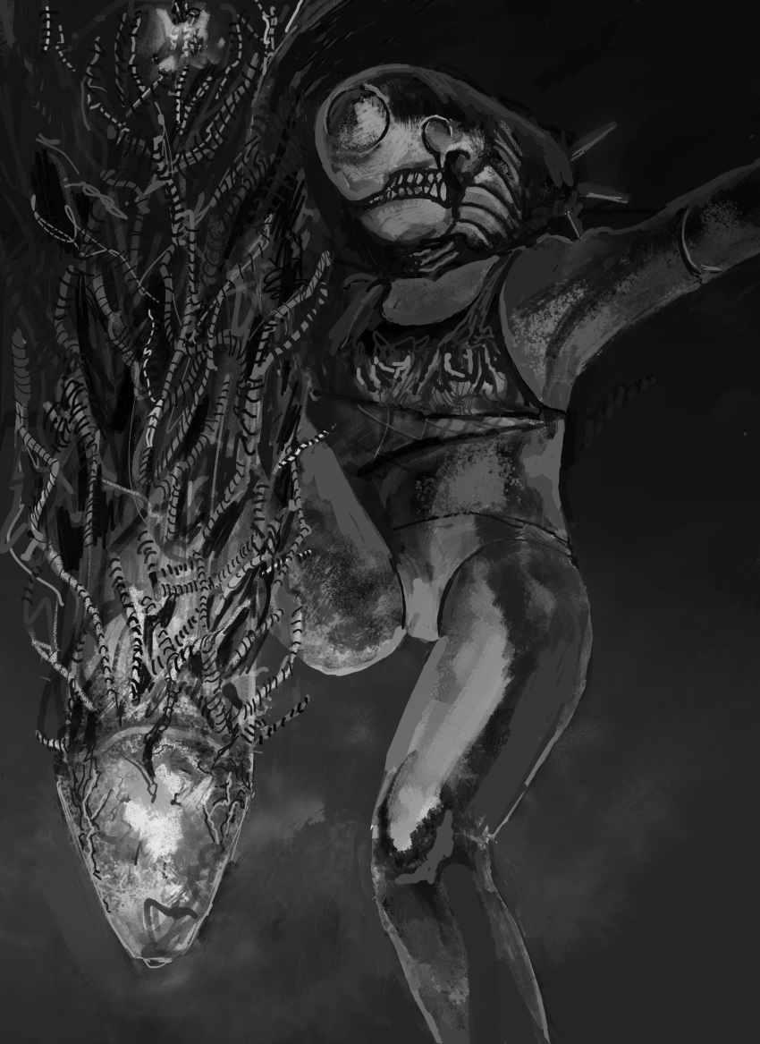 1girl, absurdres, bomb, bomb_devil_(chainsaw_man), chainsaw_man, floating, greyscale, highres, kishima_(ki123454321), leg_up, monochrome, nuclear_weapon, panties, reze_(chainsaw_man), simple_background, solo, teeth, underwear, weapon, wire
