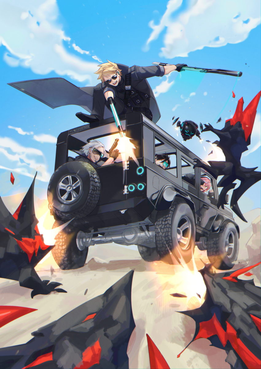 2boys, 2girls, absurdres, action, ahoge, ammunition_belt, attack, belt