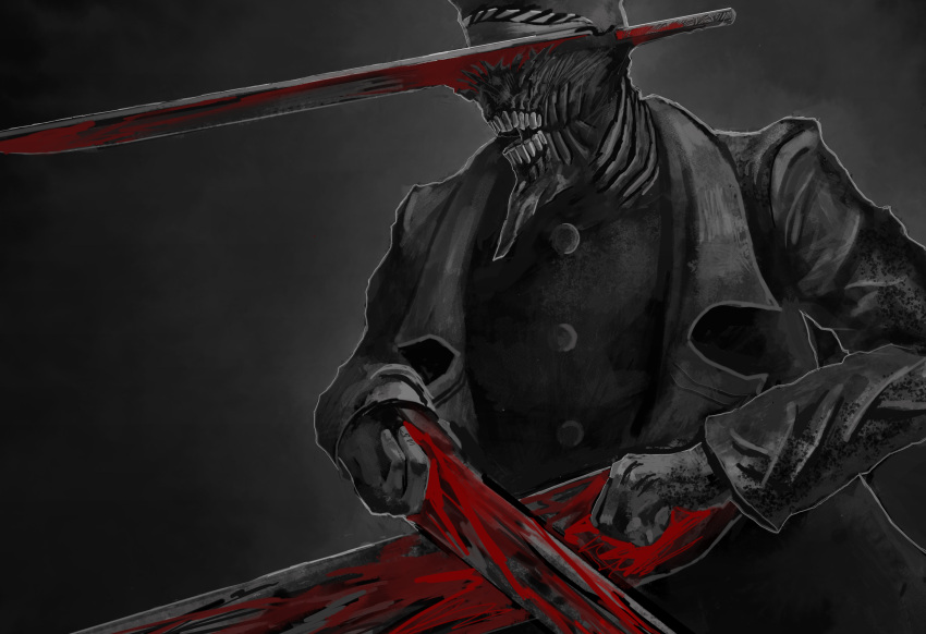 blood, blood_on_weapon, chainsaw_man, coat, grey_background, highres, hybrid, katana_man_(chainsaw_man)
