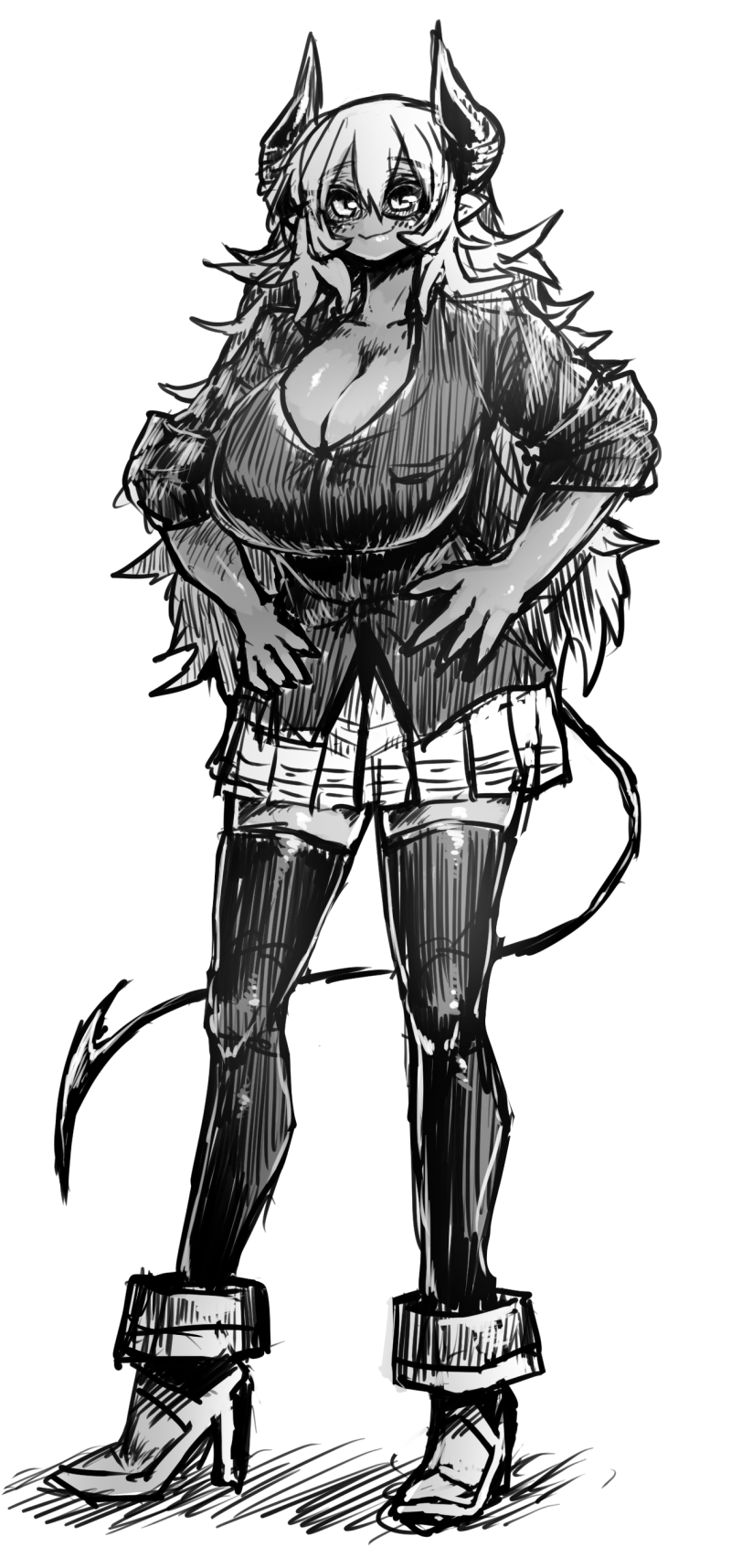 1girl, aohada_bocchi, black_horns, black_legwear, black_sclera, black_shirt, black_tail, breasts