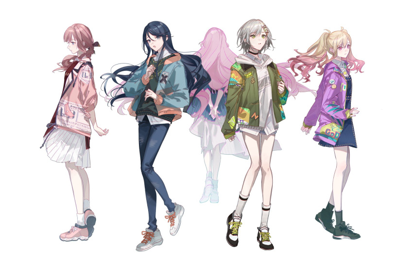 5girls, ankle_socks, aqua_jacket, arm_at_side, arms_at_sides, arms_behind_back, bangs, belt