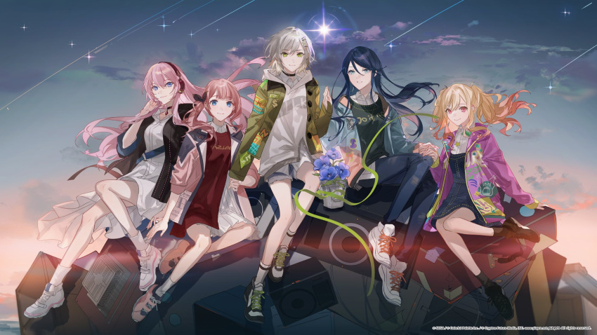 5girls, ankle_socks, aqua_jacket, backlighting, bangs, bare_legs, belt, black_bow