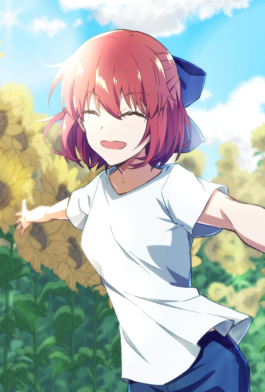 1girl, azami_masurao, bangs, blue_bow, blue_pants, blue_sky, bow, closed_eyes