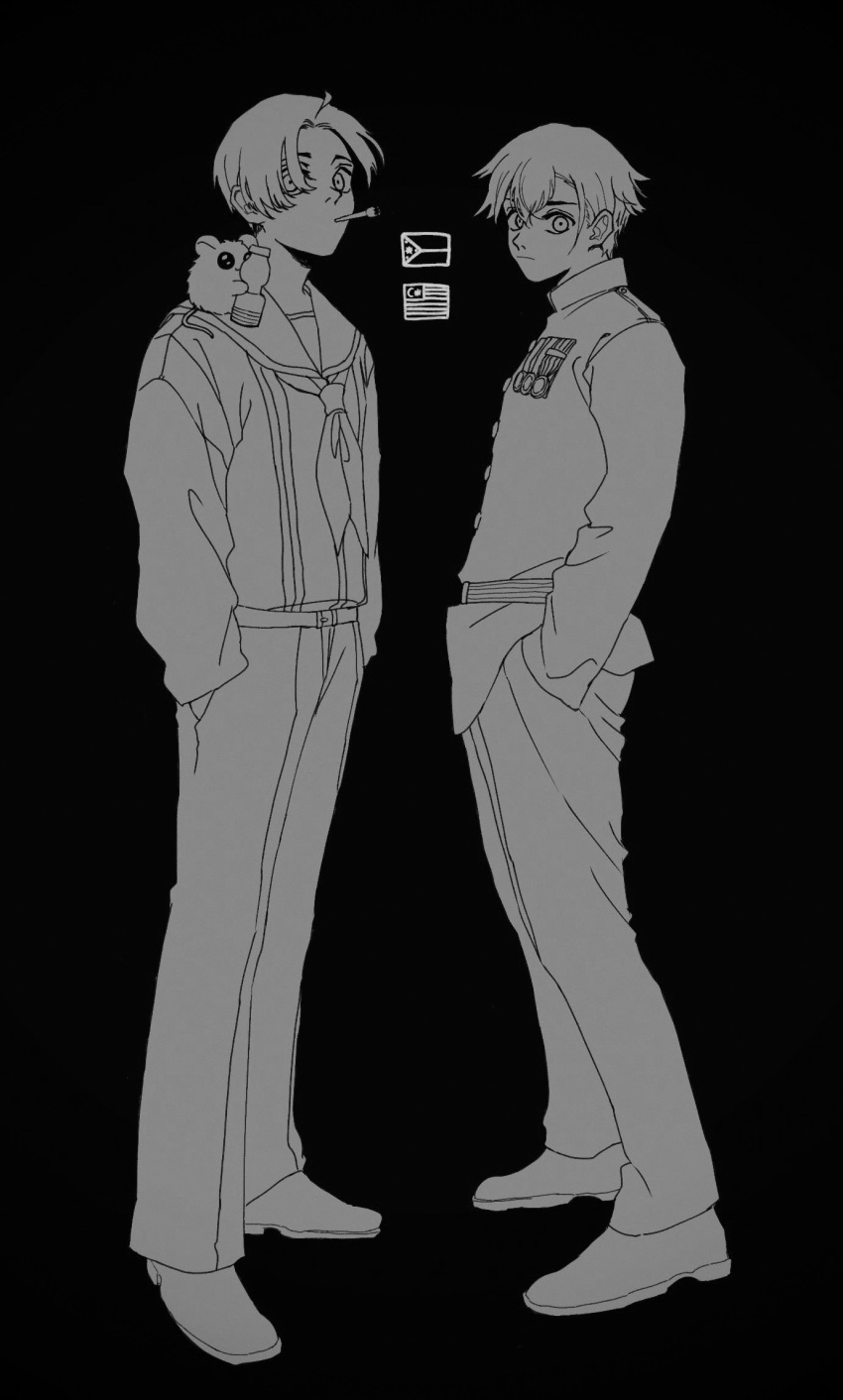2boys, ahoge, axis_powers_hetalia, gakudayo, greyscale, hands_in_pockets, highres, long_sleeves