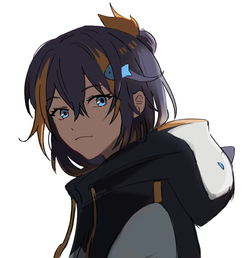 1girl, absurdres, animal_hood, black_hair, black_hoodie, blue_eyes, eyebrows_visible_through_hair, fish_hair_ornament, folded_ponytail, from_side, hair_between_eyes, hair_ornament, highres, hood, hood_down, hoodie, lau_135, looking_at_viewer, multicolored_clothes, multicolored_hair, nijisanji, nijisanji_en, orange_hair, penguin_hood, petra_gurin, portrait, short_hair, simple_background, smile, solo, streaked_hair, virtual_youtuber, white_background, white_hoodie