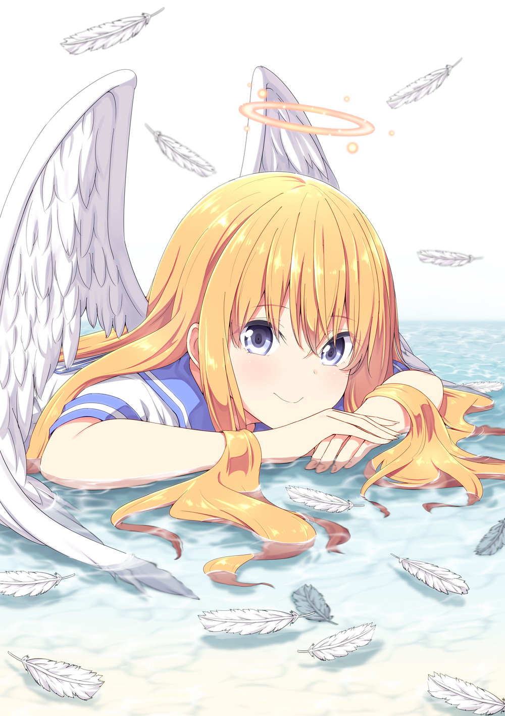 angel_wings, blue_eyes, gabriel_dropout, gabriel_tenma_white, highres, onde_hair, smile, ukami