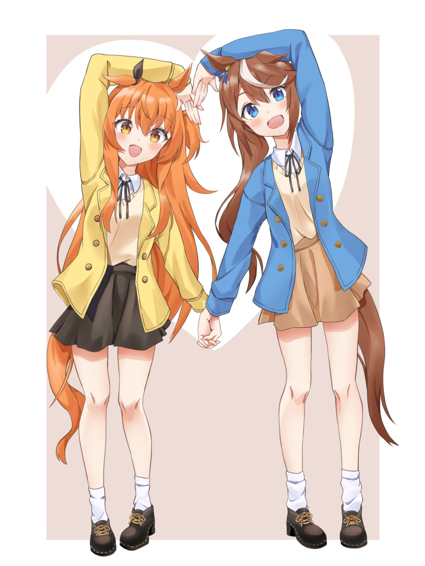 2girls, animal_ears, bare_legs, black_footwear, black_skirt, blazer, blue_eyes, blue_jacket
