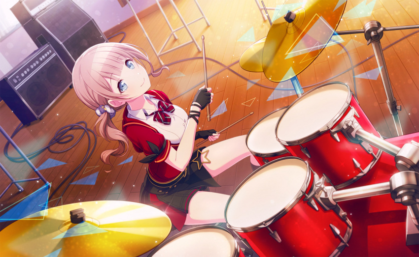 1girl, amplifier, bangs, bare_legs, belt, black_belt, black_gloves, black_skirt