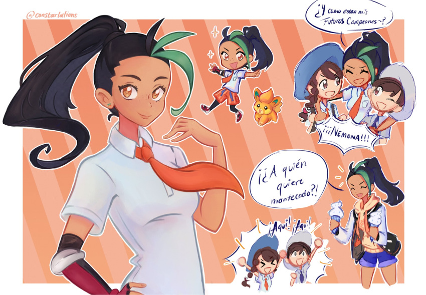 >:), 2boys, 5girls, black_hair, constarlations, food, green_hair, highres, hood, hoodie, ice_cream, jacket, letterman_jacket, multiple_boys, multiple_girls, nemona_(pokemon), orange_background, pawmi, pokemon, pokemon_(game), pokemon_sv, school_uniform, spanish_commentary, spanish_text, sparkle, v-shaped_eyebrows