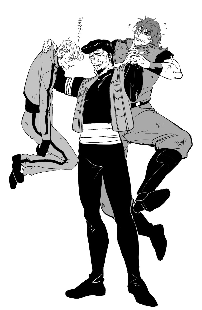 3boys, bandages, boots, closed_eyes, commentary_request, earrings, gloves, greyscale