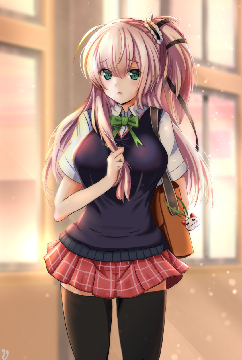 1girl, aqua_eyes, black_legwear, breasts, commentary_request, highres, large_breasts, long_hair, looking_at_viewer, pink_hair, rikki, school_uniform, solo, standing, thigh-highs, toji_no_miko, tsubakuro_yume, uniform